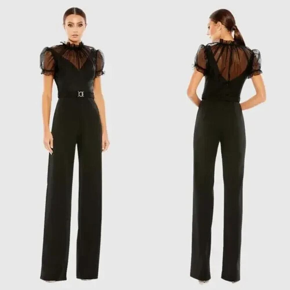 MAC DUGGAL BLACK BELTED ILLUSION HIGH NECK CAP SLEEVE JUMPSUIT SZ 14 NWT - Picture 1 of 6